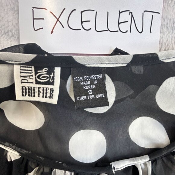 Paul Et Duffier Black White Polka Dot Sheer Button-Up Ruffle Collar Blouse Small - Picture 3 of 8